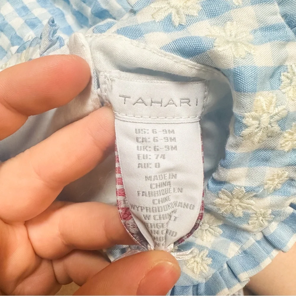 NWOT Tahari Blue & White Gingham Peter Pan Collar Formal Dress Baby 6-9M